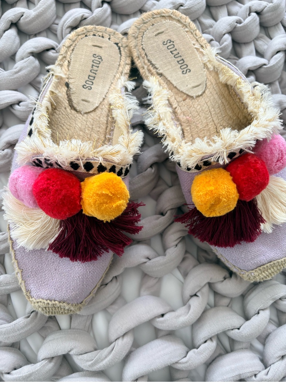 Soludos Lavender Espadrille Mules with Multicolor Pom-Poms